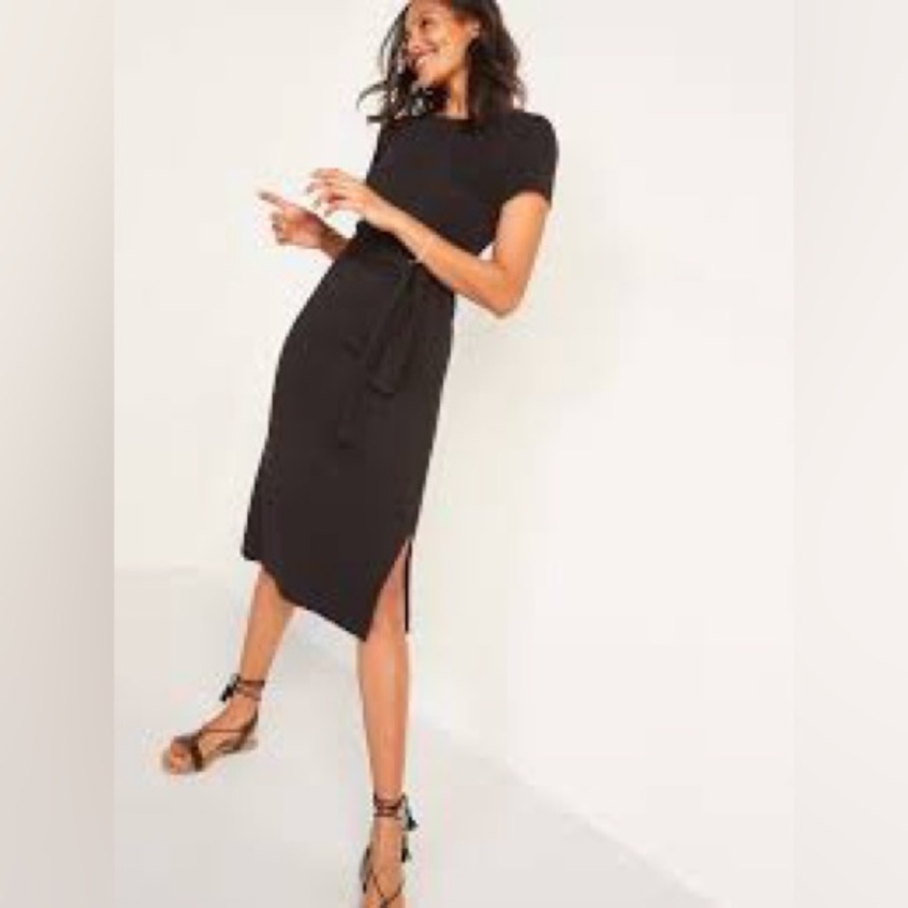 Old Navy Black Tie Waist Midi Dress Ponte Knit Short Sleeve NWT M - Picture 3 of 6